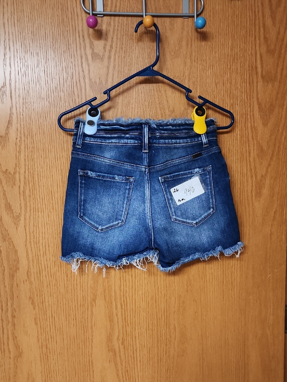 KanCan Dark Blue Frayed Hem Denim Shorts womens 26 number 940